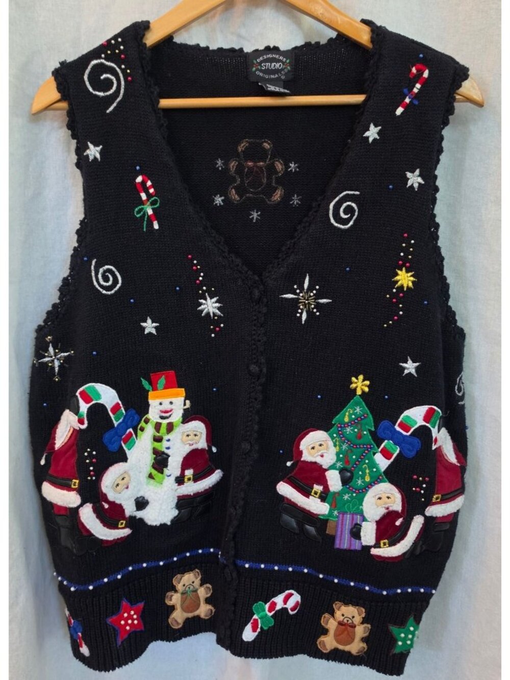 Designers Studio Christmas Sweater Vest Womens 1X Black Santa Snowman Tree Teddy